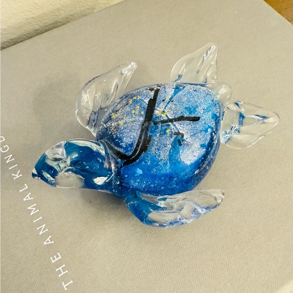 Hand Blown Art Glass Paperweight - Beautiful Sea Turtle Blue Silver Black Swirl